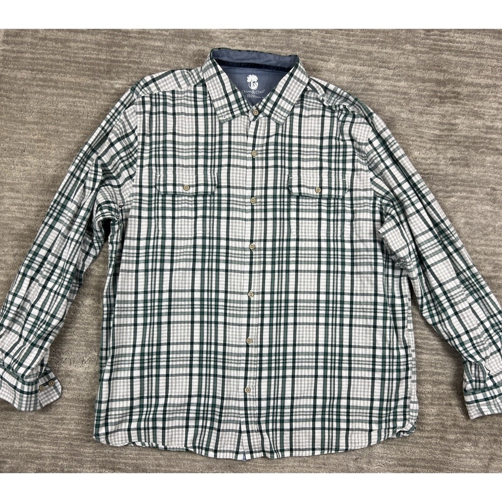 Ocean & Coast Button Down‎ Mens 2XL Green Plaid Long Sleeve Cotton Casual Shirt